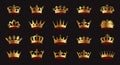 Set of golden vector king crowns icon on black background. Vector Illustration. Emblem and Royal symbols Royalty Free Stock Photo