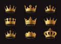 Set of golden vector king crowns and icon on black background. Vector Illustration Royalty Free Stock Photo