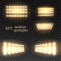 Set golden vector stadium spotlight with spark on transparent background.