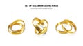 Set of golden wedding rings. Couple shiny realistic gold rings. Vector illustration