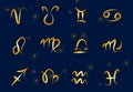 Set of golden Zodiac signs on a dark background. Square icons Royalty Free Stock Photo