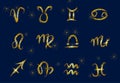 Set of golden Zodiac signs on a dark background. Square icons Royalty Free Stock Photo