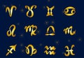 Set of golden Zodiac signs on a dark background. Square icons Royalty Free Stock Photo