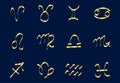 Set of golden Zodiac signs on a dark background. Square icons Royalty Free Stock Photo