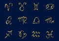 Set of golden Zodiac signs on a dark background. Square icons Royalty Free Stock Photo