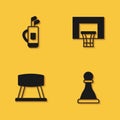 Set Golf bag with clubs, Chess, Pommel horse and Basketball backboard icon with long shadow. Vector