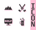 Set Golf bag with clubs, Mountains, label and Crossed golf ball icon. Vector Royalty Free Stock Photo