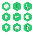 Set Golf ball, course layout, Award cup with golf, sport club, on tee, glove, and icon. Vector Royalty Free Stock Photo