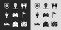 Set Golf ball with shield, on tee, Binoculars, shoe, Baseball cap, course layout, and Sun visor icon. Vector Royalty Free Stock Photo