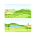 Set of golf course with green lawn, pond, sand bunker and red flags vector illustration Royalty Free Stock Photo