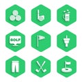 Set Golf flag, Crossed golf club, hole with, tee, pants, label, bag clubs and ball icon. Vector Royalty Free Stock Photo