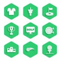 Set Golf label, ball, on tee, sport club, Award over sports winner podium, cup with golf, hole flag and shirt icon Royalty Free Stock Photo