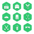 Set Golf pants, bag with clubs, Glasses, Crossed golf, ball, Mountains, Medal and water icon. Vector