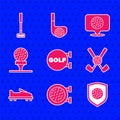 Set Golf sport club, ball with shield, Crossed golf, shoe, on tee, label and icon. Vector