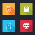 Set Gong, Bathroom scales, Jump rope and Fight club MMA icon. Vector Royalty Free Stock Photo