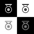 Set Gong musical percussion instrument circular metal disc icon isolated on black and white background. Vector