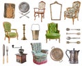 Set of 21 gorgeous old vintage items. Old dishes, appliances, kettles, chairs, books, coffee grinder, candlesticks, picture frames Royalty Free Stock Photo