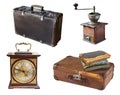 Set of gorgeous old vintage items. Suitcases, books, watches, coffee grinder Isolated on white background Royalty Free Stock Photo