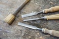 Set of gouges and mallet for wood carving Royalty Free Stock Photo