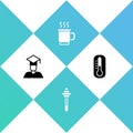 Set Graduate and graduation cap, Honey dipper stick, Cup of tea and Thermometer icon. Vector