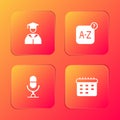 Set Graduate and graduation cap, Online translator, Microphone voice device and School timetable icon. Vector