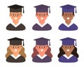 A set of graduate students avatars. Portraits of students in graduation hats. Icons