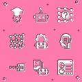 Set Graduation cap, Artificial intelligence robot, Neural network, Robot setting, Humanoid, Binary code and icon. Vector Royalty Free Stock Photo