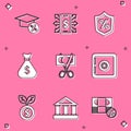 Set Graduation cap and coin, Smartphone with dollar, Loan percent, Money bag, Scissors cutting money, Safe, Dollar plant