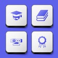 Set Graduation cap on globe, Book, Web camera and Online education with diploma icon. White square button. Vector Royalty Free Stock Photo