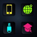 Set Graduation cap on globe, Mobile phone, USB flash drive and Location on the globe. Black square button. Vector