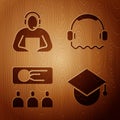 Set Graduation cap on globe, Student, Training, presentation and Headphones on wooden background. Vector Royalty Free Stock Photo