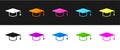 Set Graduation cap icon isolated on black and white background. Graduation hat with tassel icon. Vector Illustration Royalty Free Stock Photo