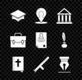 Set Graduation cap, Map marker with silhouette of person, Courthouse building, Holy bible book, Police rubber baton