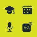 Set Graduation cap, Online translator, Microphone voice device and School timetable icon. Vector