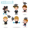 Set of Graduation kids, happy child graduates, happy kids jumping, Graduates in gowns and with diploma, students graduation on whi Royalty Free Stock Photo