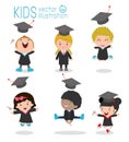 Set of Graduation kids, happy child graduates, happy kids jumping, Graduates in gowns and with diploma, students graduation on whi Royalty Free Stock Photo