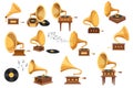 Set Gramophone Player, Phonograph and Vinyl Disks, Antique Equipment for Listening Music, Isolated Classic Audio Players