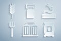 Set Granary, Garden hose, pitchfork, Pack full of seeds of plant, Can container milk and Wheat icon. Vector