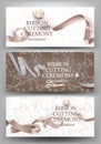 Set of grand opening banners with beige curly sparkling ribbons and floral design background.