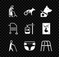 Set Grandmother, Dog in wheelchair, Guide dog, Blind human holding stick, Adult diaper, Walker, and IV bag icon. Vector