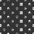 Set Graph chart infographic, Cloud with rain, Gauge scale and Graduation cap on seamless pattern. Vector