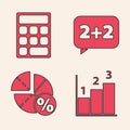 Set Graph, schedule, chart, diagram, Calculator, Equation solution and Graph, schedule, chart, diagram icon. Vector