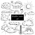 Set of graphic clouds, sun, thermometer, lightning, rainbow, moon, snowflakes, rainy weather, forecast. Vector hand drawn