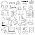 Set of graphic elements icons. Hipster accessories. Doodle cartoon comic background, wallpaper, template, backdrop