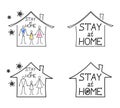 Set of graphic images with stay at home lettering and family staying at home