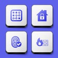 Set Graphic password protection, House under, Fingerprint and Firewall, security wall icon. White square button. Vector Royalty Free Stock Photo