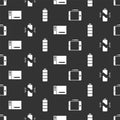 Set Graphic tablet, Broken battery, Graphic tablet and Battery charge level indicator on seamless pattern. Vector