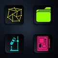 Set Graphic tablet, Neural network, Test tube flask on fire and Document folder. Black square button. Vector Royalty Free Stock Photo