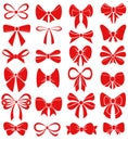 Set of graphical red decorative bows. Vector sillouettes.