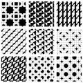 Set of grate seamless patterns with geometric figures, ornamental monochrome wavy tiles, infinite geometric surface textures with